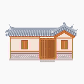 Editable Vector Illustration of Wide Traditional Hanok Korean House Building for Artwork Element of Oriental History and Culture Related Design