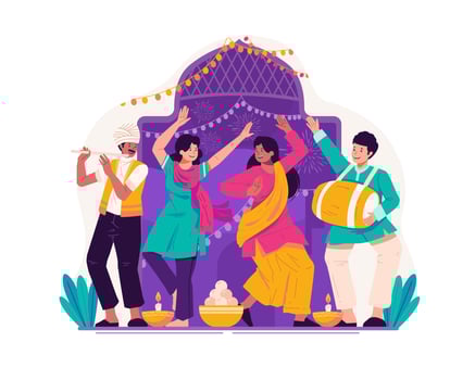 Indian People in Traditional Clothing Dancing to Celebrate Diwali, the Traditional Hindu Festival of Lights vector