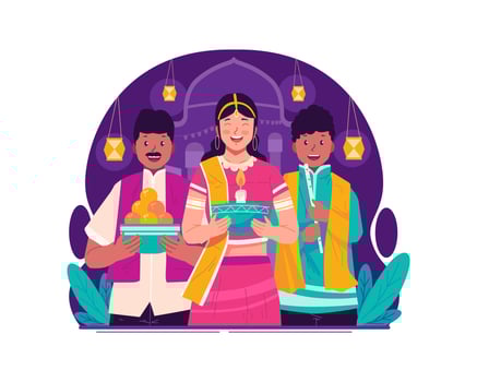 Happy Diwali Greetings. Indian People in Traditional Clothing Celebrating Diwali Festival of Lights vector