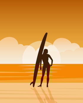 Girl surfer on the seashore with a surfboard against the backdrop of a seascape. Outdoor activities concept, poster, vector