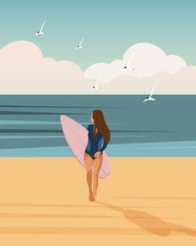 Girl surfer on the seashore with a surfboard against the backdrop of a seascape. Outdoor activities concept, poster, vector