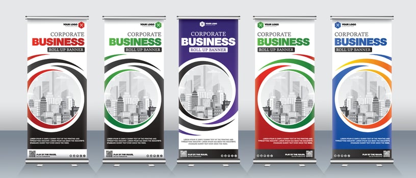 Business roll up banner design for business events, annual meetings, presentations, marketing, promotions, with red, blue, green, orange, and purple print ready colors vector