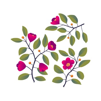 Floral design, branches with leaves and bright magenta flowers on white. Vector illustration, design for poster, greeting card, postcard, invitation, book, fashion fabric, wrapping