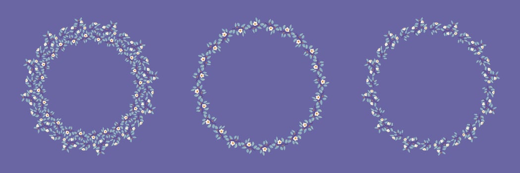 Set of floral isolated vector wreaths, branches with teal leaves and light cream flowers on purple. Vector illustration, design for poster, banner, invitation, book, fashion fabric, wrapping.