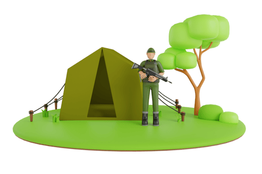 3d illustration of soldier with a gun is protecting military base. Soldier in uniform, Army camp, Military tent png