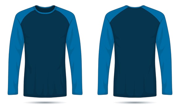 Blue raglan sleeve t-shirt mockup front and back view vector