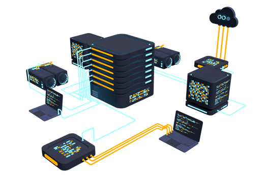 Computer technology 3D illustration. Computation of big data center. Cloud computing. Online devices upload and download information. Modern 3D illustration. 3D rendering png