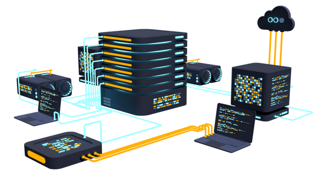 Computer technology 3D illustration. Computation of big data center. Cloud computing. Online devices upload and download information. Modern 3D illustration. 3D rendering png