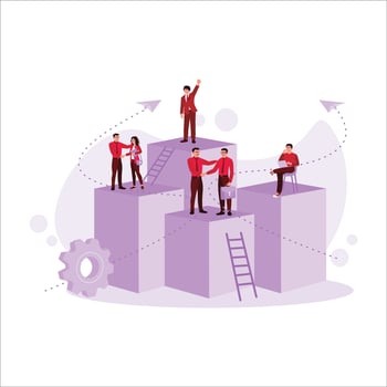 The concept of employees' personal growth and development towards company success. Design And Development concept. Trend Modern vector flat illustration