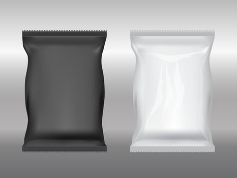 Blank pouch for food package black and white template mockup templates isolated. Plastic or paper bags for product storage and packing. 3d rendering design. Vector illustration EPS 10.
