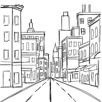 Sketch street square composition. Hand drawn sketch street in city. Outline buildings. Vector illustration.