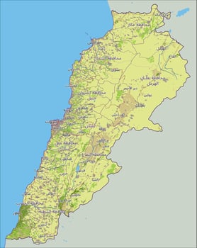 Lebanon map with capital Beirut, national borders, important cities, rivers and lakes. Arabic labeling vector
