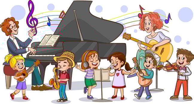 vector illustration of man playing piano and kids singing