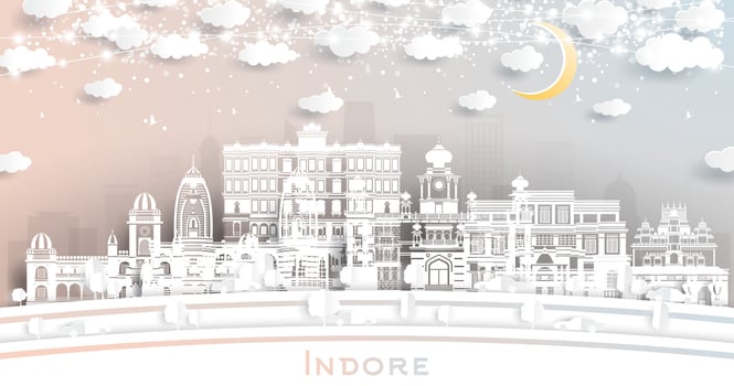 Indore India City Skyline in Paper Cut Style with White Buildings, Moon and Neon Garland. Travel and Tourism Concept. Indore Cityscape with Landmarks. vector