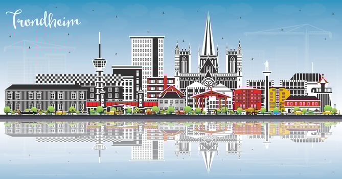 Trondheim Norway City Skyline with Color Buildings, Blue Sky and Reflections. Trondheim Cityscape with Landmarks. vector