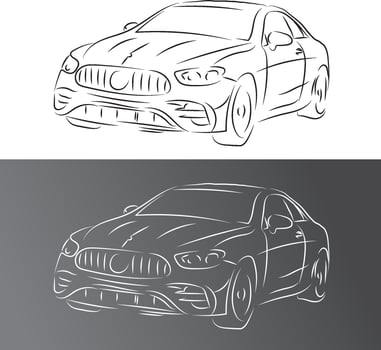 Hand-drawn and sketch car silhouettes, blueprints vector