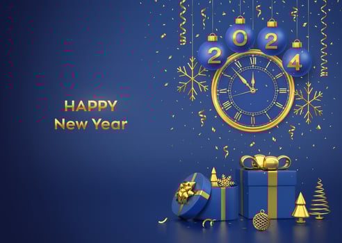 Happy New 2024 Year. Merry christmas card. Blue Christmas bauble balls with gold numbers 2024, snowflakes. Watch with Roman numeral countdown midnight. Gift box, golden pine fir spruce trees. Vector. vector