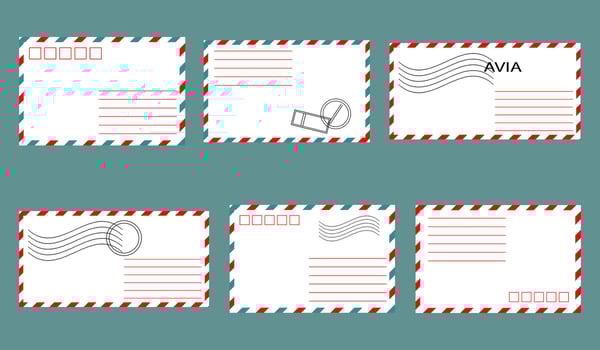 Set of postal envelopes with stamps. Illustration, design elements, vector
