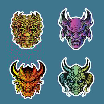 Sticker of Four Colorful Demon Masks on Blue Background vector