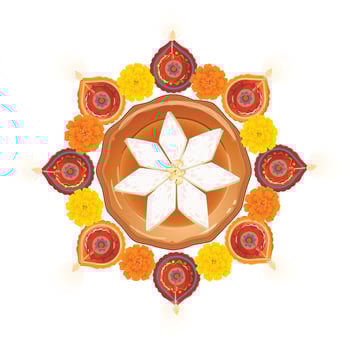illustration of burning diya and marigold flowers with Kaju katli Indian sweet for light festival of India. Diwali Holiday background vector