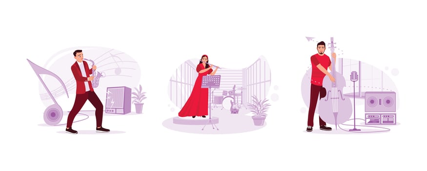 Young musician playing saxophone on stage. Female musician in dress playing flute. A double bass instrument was played by a young man in the living room. Set Trend Modern vector flat illustration