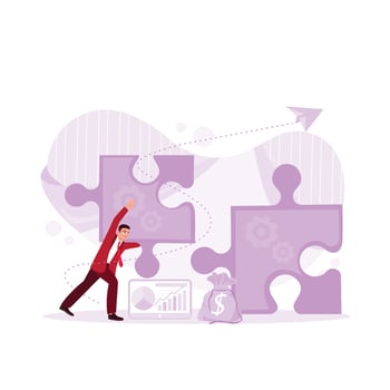 Boy connecting the jigsaw puzzle. The business solution, success, and strategy concept. Trend Modern vector flat illustration