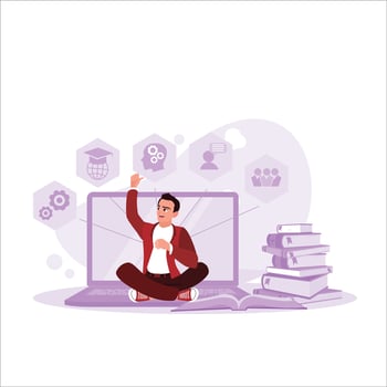 Education uses digital. Concept of e-learning education. People are attending online lessons on digital screens. Trend Modern vector flat illustration
