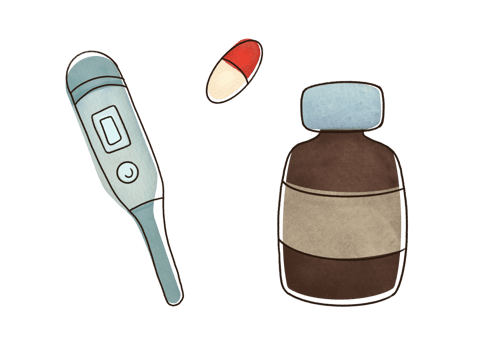 watercolor Medicine cute elements with gentle stroke set. Collection of thermometer, Pills, capsule glass bottles with liquid cough syrup on transparent background. Medicine, pharmacy, health concept png