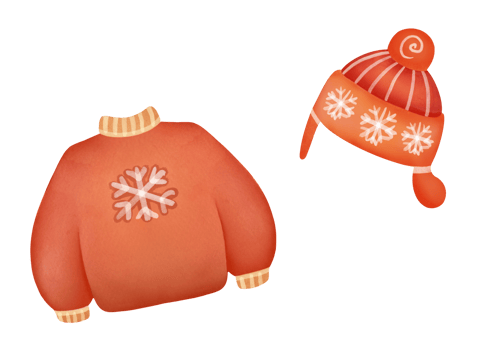 Kids Winter red knitted sweater, warm woolen hat with snowflakes on transparent background. headwear, cold weather accessories cut out collection. childish garment cute watercolor clipart set png