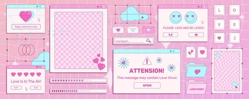 Set of screens of an old retro PC in the y2k style with greetings on a Valentine Day holiday. Retro backgrounds, opened pc windows. Pink vintage computer interfaces with hearts and text, vector art.