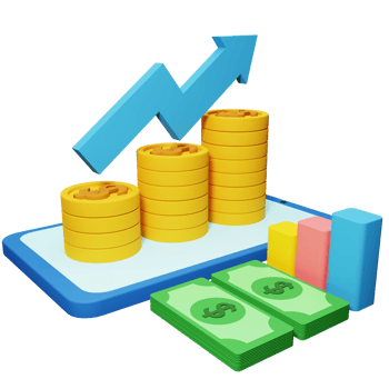 PNG file of 3d growth stock chart with coins investing icon and mobile phone