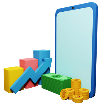 PNG file of 3d growth stock chart with coins investing icon and mobile phone