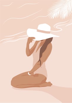 girl in a hat on the beach. Girl on the beach. The girl at the sea. A woman in a swimsuit. Summer vector illustration