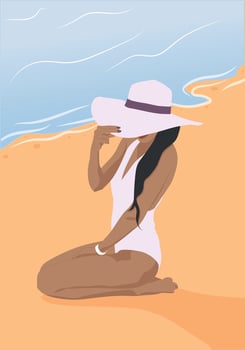 girl in a hat on the beach. Girl on the beach. The girl at the sea. A woman in a swimsuit. Summer vector illustration