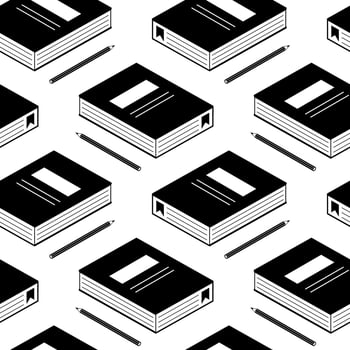 Book and pencil seamless pattern. Isometric vector illustration. Black and white drawing of notebook. Background design for education, poetry or school.