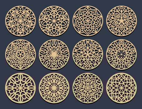 Lotus Mandala Template Set for Cutting and Printing. Oriental silhouette ornament. coaster design vector