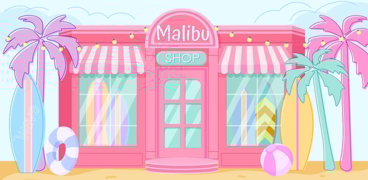 Cartoon Beach Shop front view. Pink barbiecore trendy cafe building. Girl Birthday backdrop. Malibu surf store background. Pink doll aesthetic. vector