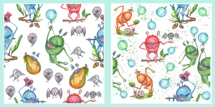Set of 2 seamless patterns. Monsters are dragons. Suitable for children's clothes, wallpapers, cards, congratulations, for the year of the green dragon vector