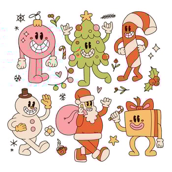 Groovy retro cartoon characters set - Santa Claus, Christmas tree, gift box, ball, snowman, candy cane in trendy 70s-80s vintage toons style. Sticker pack of xmas mascots and elements. Vector design