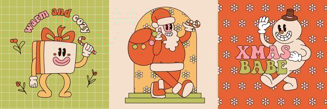 Groovy Christmas greeting cards set. Gift box, Santa Claus, snowman characters in trendy retro cartoon style. Merry Christmas and Happy New year greeting poster, print, party invitation. vector