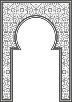 Islamic frame with arch and ornament. Ramadan gate on geometric background for wedding invitation design. Oriental decoration png