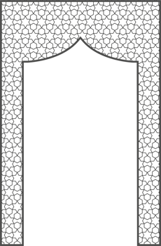Islamic frame with arch and ornament. Ramadan gate on geometric background for wedding invitation design. Oriental decoration png