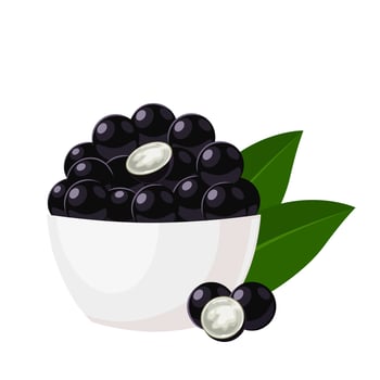 Vector illustration, Jaboticaba whole and cut, inside a white bowl, Brazilian fruit, scientific name Plinia cauliflora, Brazilian grape, isolated on white background.