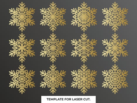 Set of laser cutting openwork snowflakes. Vector silhouette of christmas decoration. Template for paper isolated on blue background. Stencil for scrapbooking, carved wood.