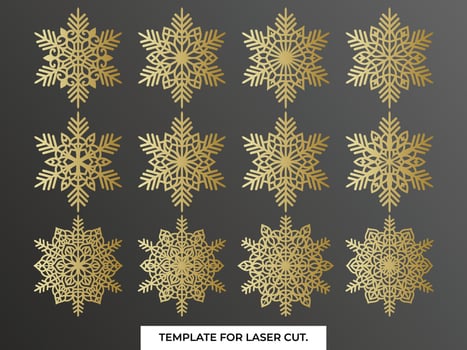Set of laser cutting openwork snowflakes. Vector silhouette of christmas decoration. Template for paper isolated on blue background. Stencil for scrapbooking, carved wood.