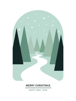 christmas or new year greeting card, holiday card, invitation, backgrounds, posters, holiday covers, tree, road, snow, modern minimalist style, vector illustration