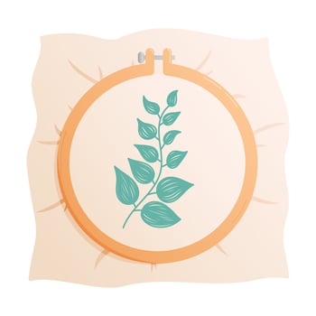 Embroidery hoop with stitched leaves. Cartoon vector isolated illustration