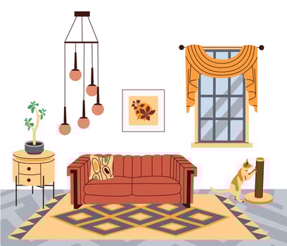 Stylish living room interior with trendy furniture. Flat vector illustration.