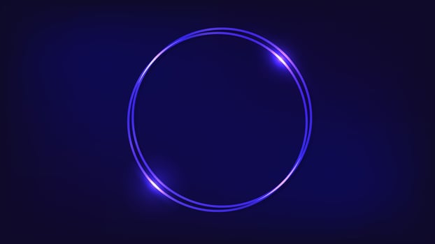 Neon double round frame with shining effects on dark background. Empty glowing techno backdrop. Vector illustration.