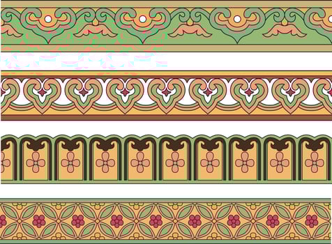 Vector set of seamless colored Chinese borders. Asian frames for decoration and ceramics. National ornaments of the east.